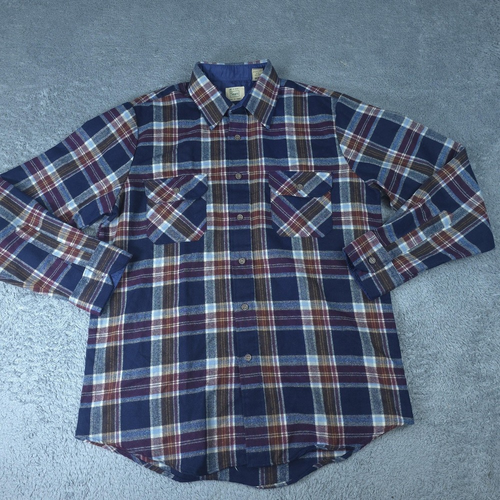 Vintage Sears Shirt Mens Medium Blue Plaid Flannel Long Sleeve Button Up Lined